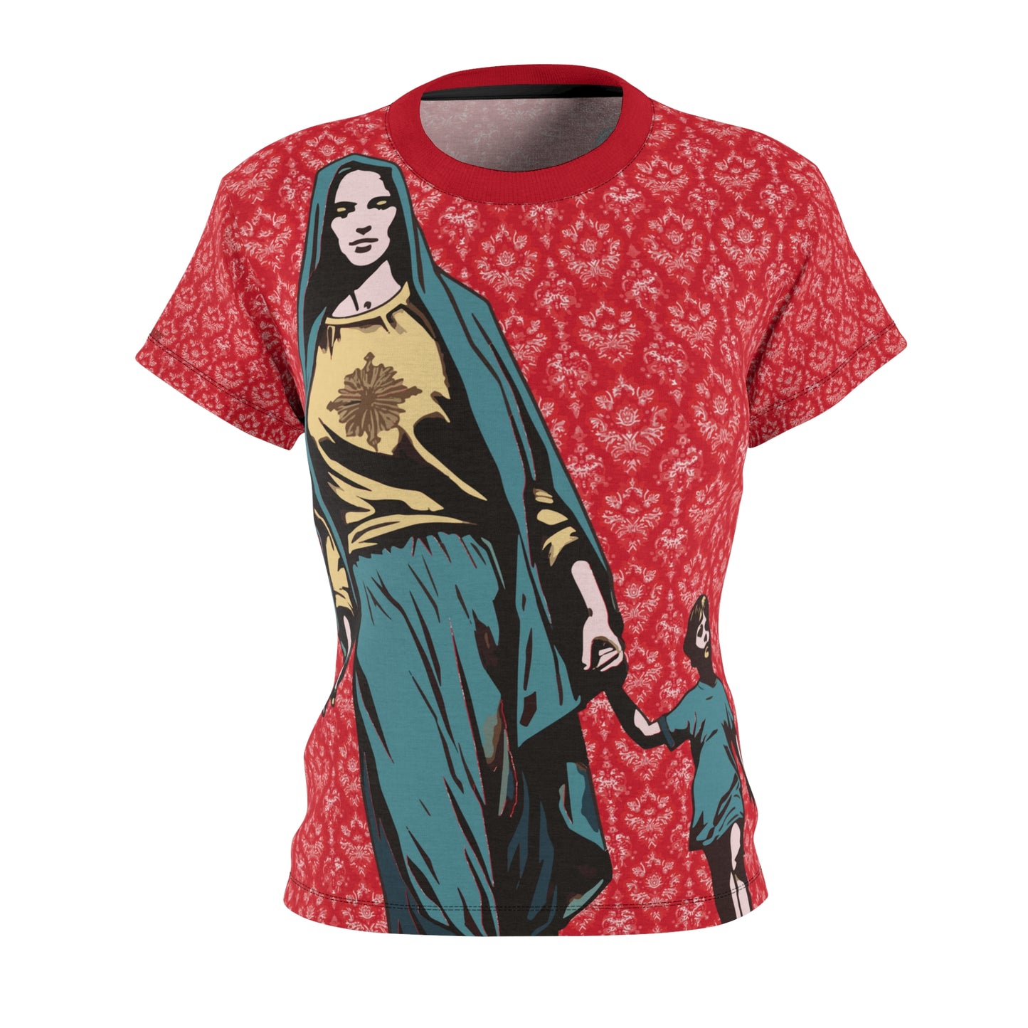 Red Floral Cool Virgin Mary Catholic Shirt, Trendy Mother of God Tee, Holy Mary T-shirt, Woman Girl Christian Top multicolor vintage