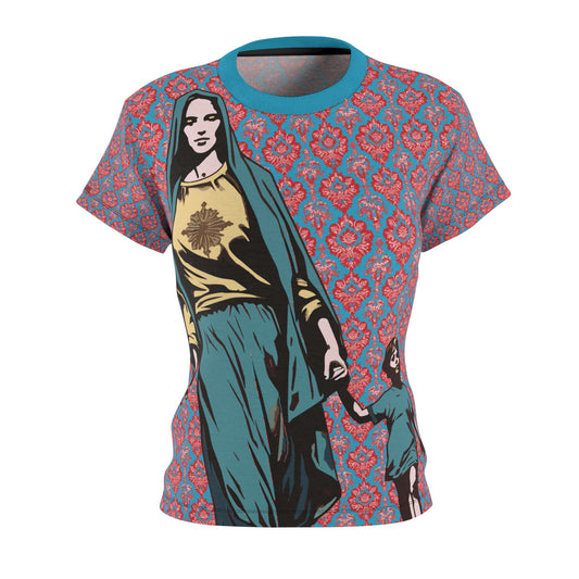 Turquoise Floral Cool Virgin Mary Catholic Shirt, Trendy Mother of God Tee, Holy Mary T-shirt, Woman Girl Christian Top multicolor vintage